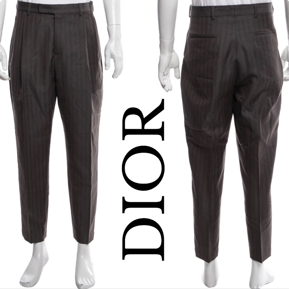 Dior Homme Wool Mohair Striped Trousers Grey Brown Mens Cropped Made In Italy 50